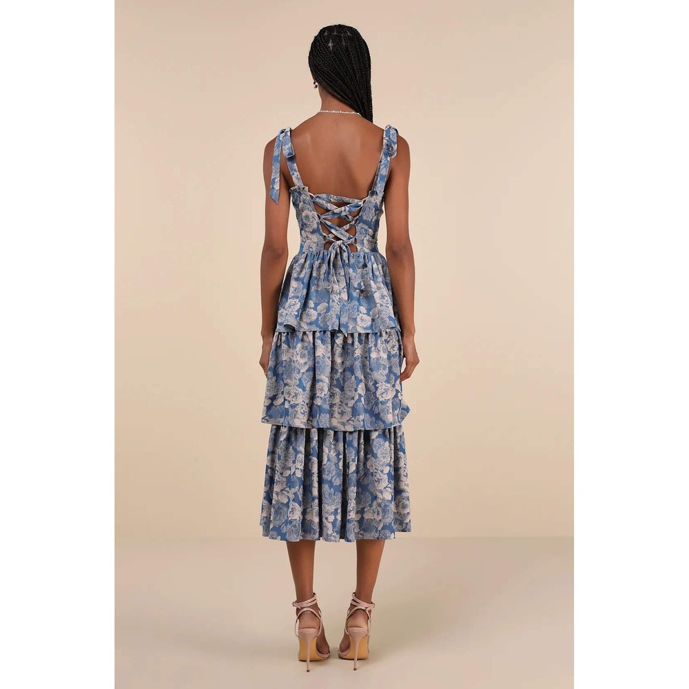 Lulus Lovely Bliss Blue Floral Jacquard Strapless Bustier Midi Dress Size Medium - Picture 4 of 10